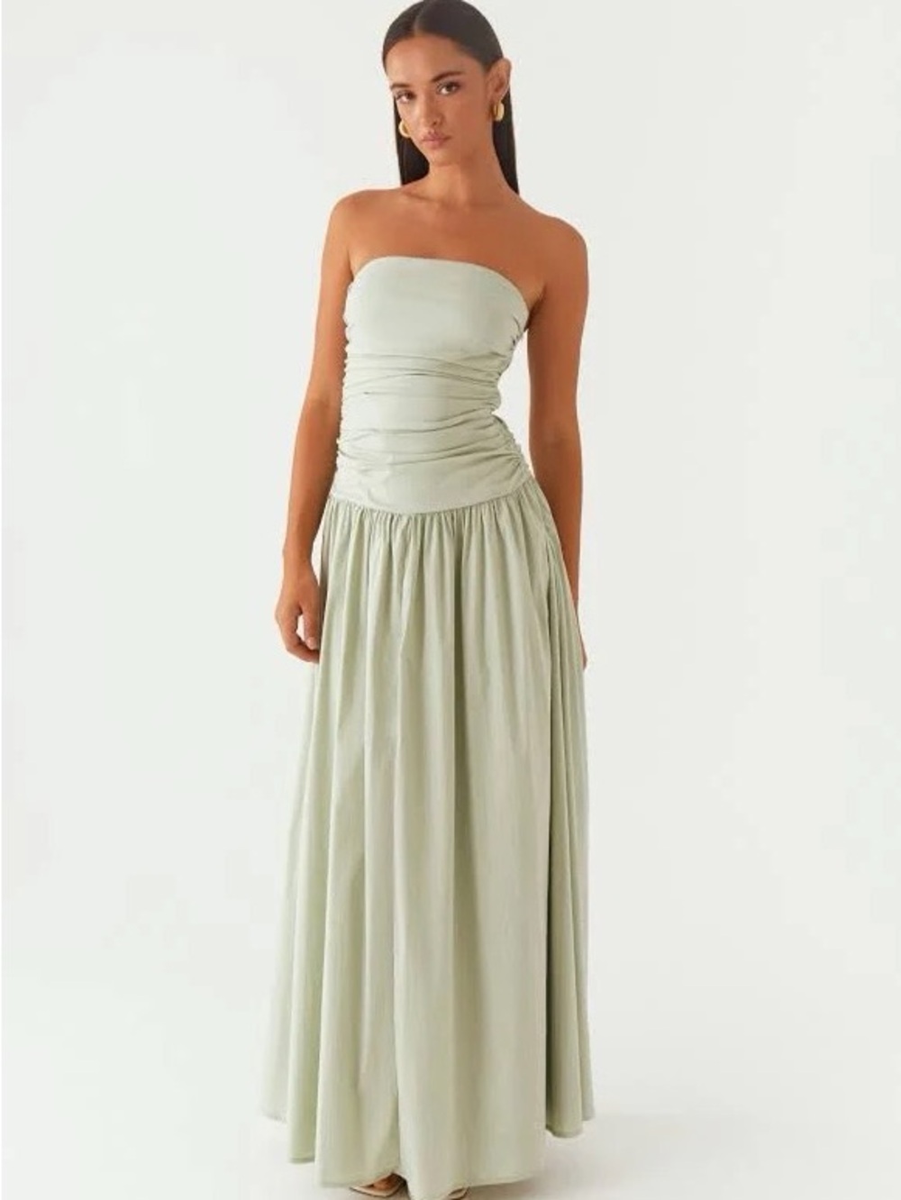 Peppermayo Sage Green Strapless Ruched Maxi Dress